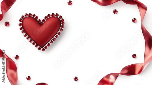 Red heart brooch,  surrounded by ribbons and jewels, on a white background
