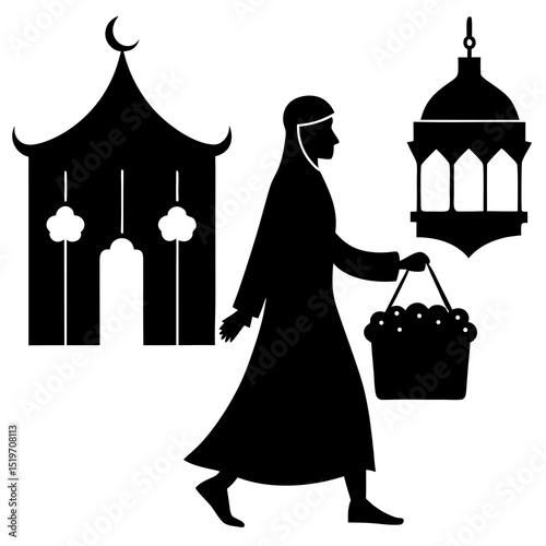Silhouette of a vibrant Eid al-Adha market, carrying gifts