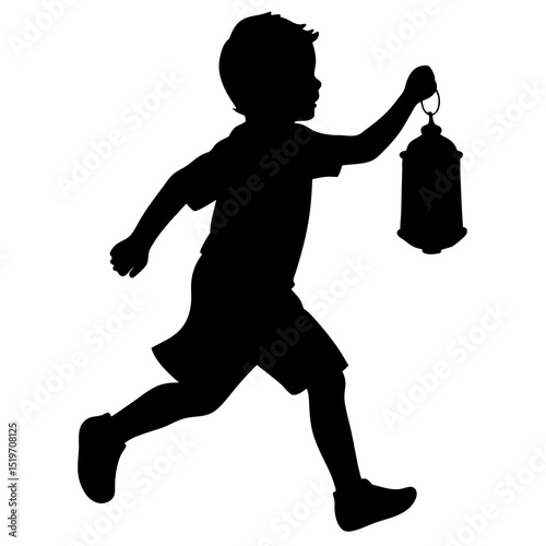 Silhouette of a child running with joy, holding a lantern, celebrating Eid al-Adha