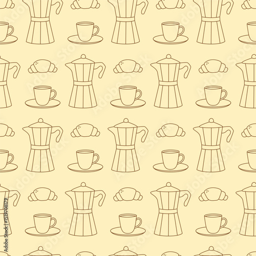 Seamless pattern with outline Italian metallic coffee maker, cup and croissant. Background for poster, banner, fabric, menu and print design. Vector illustration