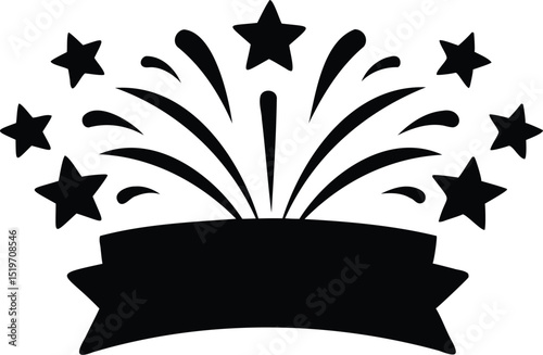 Silhouette of Celebration Banner with Fireworks and Stars, Perfect for Festive Events, Holiday Announcements, and Patriotic Themes in a Bold and Decorative Vector Illustration