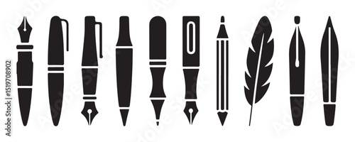 various writing instruments in a simple, black and white silhouette style.