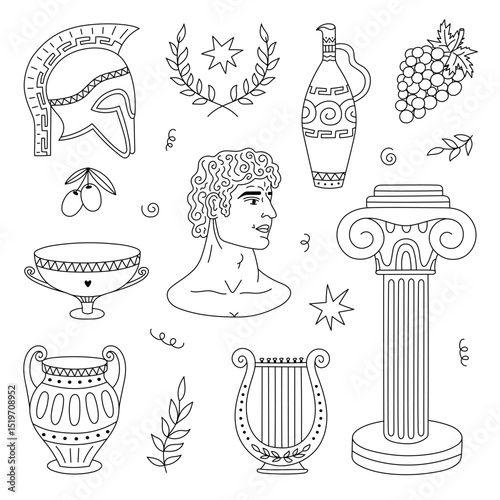 Lovely black and white set of medieval Greece symbols, classical sculpture, pillar, ornate jars, spartan helmet, musical lyre, grape. Hand drawn trendy ancient Greek doodle for design, media, print.