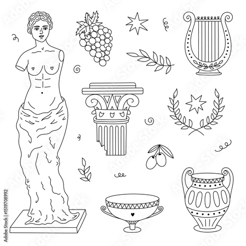 Lovely line doodle antique Greek set with medieval empire symbols, marble mythological figure, ruined pillar, ornate Hellenic amphora, harp, laurel. Hand drawn black and white historical Greece.