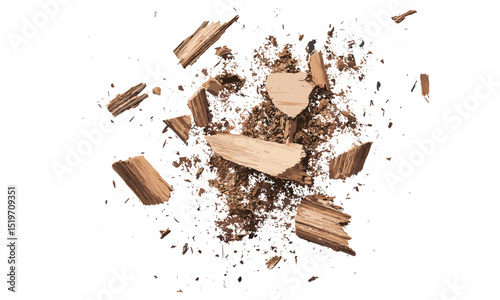 Wood pieces and dust, crushed tree bark isolated on white background, organic texture, top view, natural elements, rustic vector illustration, forest textures, eco-friendly materials.