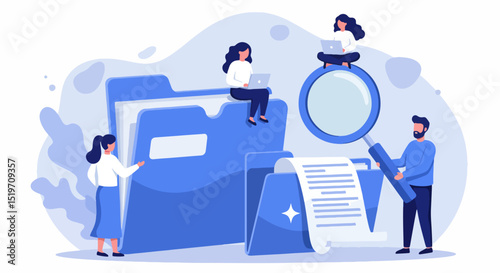 Digital illustration of three adults interacting with oversized blue file folders and documents, symbolizing organization, data analysis, and teamwork, set against abstract shapes on a light backdrop