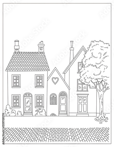 Black and White Line Drawing of Charming Street with  Connected Houses and Tree