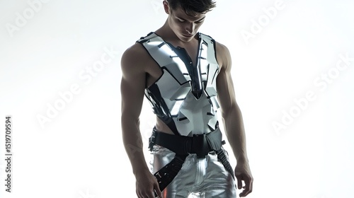 Young man in futuristic, light gray vest and pants