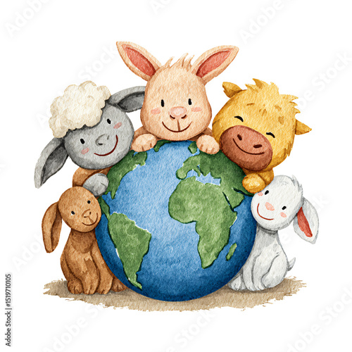 Adorable animal friends protecting the earth. The illustration evokes a sense of love and protectiveness photo