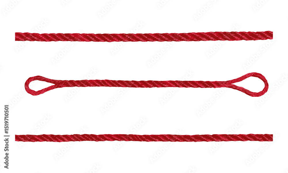 Top view of red string rope set, isolated vector illustration, white surface layout, textile cord, twisted yarn, crafting supply, clean composition, simple cutout, design asset.