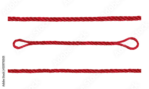 Top view of red string rope set, isolated vector illustration, white surface layout, textile cord, twisted yarn, crafting supply, clean composition, simple cutout, design asset.