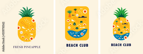Stylish summer design with pineapple. Beach club posters