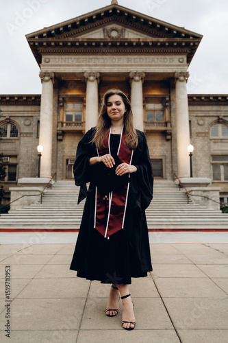A young graduate in a black gown with a red graduation ribbon and graduation cap in her hands stands posing for a photo against the backdrop of the University of Redlands.