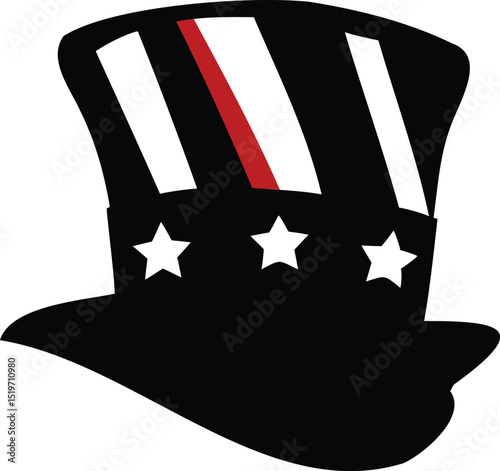 Silhouette of Patriotic Top Hat with Stars and Red-White Stripes, Symbolizing American Independence, Freedom, and Celebration in a Bold Black Vector Illustration for National Themes photo