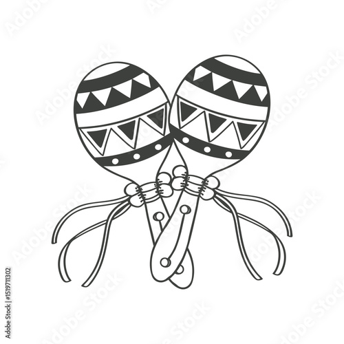 Pair of detailed hand drawn monochrome maracas with ethnic patterns. National symbol of Mexico. Sketch illustration.