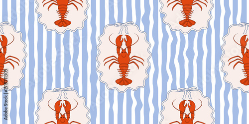 Seamless lobster pattern on blue and white wavy stripes. Summer repeating seafood pattern. Mediterranean coastal design background.