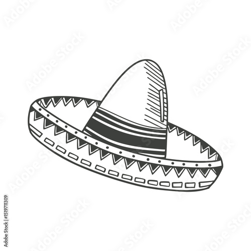 Hand drawn monochrome mexican sombrero hat with ethnic patterns. National symbol of Mexico. Sketch illustration.