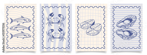 Collection of hand drawn Italian cuisine posters. Seafood, fish, oysters, sardines. Mediterranean set. Seafood menu cards. Sketch illustration.