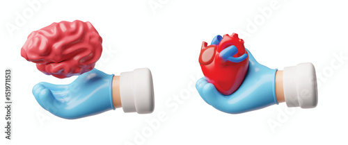 3d vector set of hands in gloves holding brain and heart.