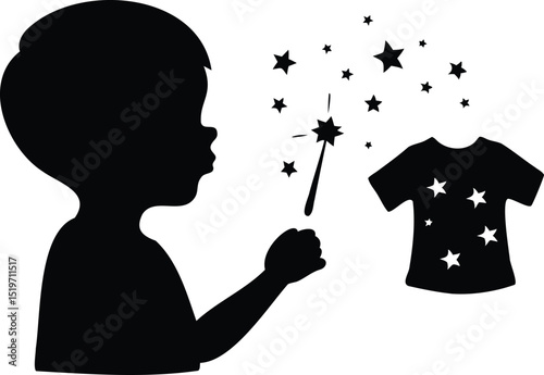 Silhouette of Child Using Magic Wand to Create a Starry T-Shirt, Fantasy Concept Symbolizing Imagination, Creativity, and Childhood Wonder in Black Vector Style Illustration
