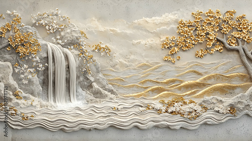 Ornamental Waterfall Landscape In Gold And Beige Tones