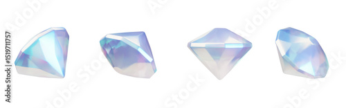Diamond 3D view from different angles vector icons set, realistic gem stone shine and sparkle effect, dazzling jewelry