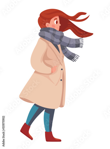 A woman walks in a coat and scarf in the wind. Autumn, fall. Flat vector clipart, illustration with isolated background.