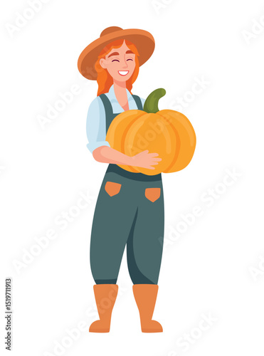 Female farmer holding a pumpkin in her hands. Autumn, fall. Flat vector clipart, illustration with isolated background.