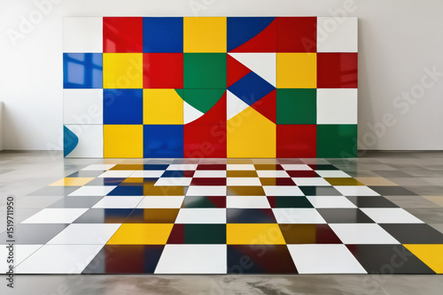A large, vibrant abstract painting featuring a grid of colorful squares dominates a minimalist room with a checkered floor.