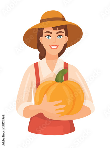 Female farmer holding a pumpkin in her hands. Autumn, fall. Flat vector clipart, illustration with isolated background.