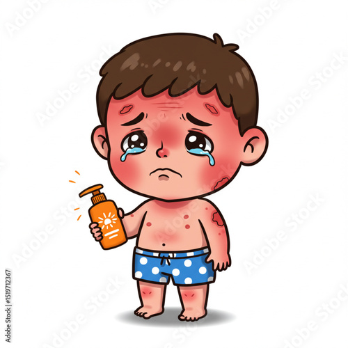  Vector illustration of sad sunburned baby boy with sunscreen bottle on white background