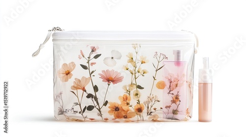 Clear cosmetic bag with pressed flower design, and small bottles