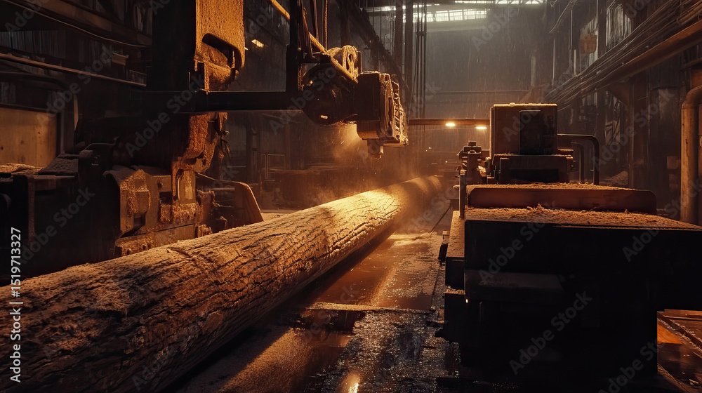 Fototapeta premium Heavy-duty bandsaw machine cutting large logs in a sawmill