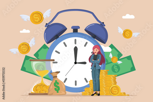 Efficient Savings and Wealth Accumulation: Female Investor Optimizing Her Finances by Valuing Time as Money, Surrounded by Abundant Cash and Gold.