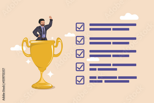 Triumphant Businessman Celebrating Success Standing Inside a Gold Trophy with a Completed Checklist Representing Accomplishments.