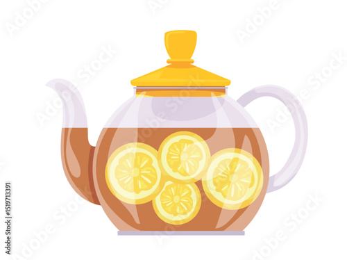 Teapot. Drink with lemon wedges in a glass teapot. Autumn, fall. Flat vector clipart, illustration with isolated background.