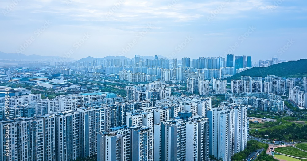Fototapeta premium High-altitude view of Incheon's urban residential structures.