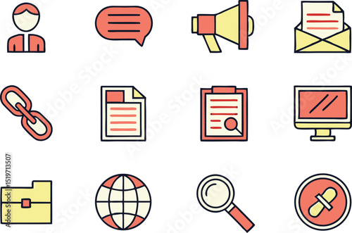 A collection of business and communication icons in a flat vector style