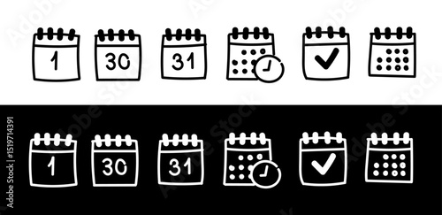 Doodle calendar illustration. Hand drawn calendar. Set of calendar symbols illustration.  Time management line. Date appointment schedule.