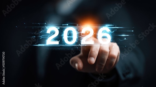 2026: Digital Touch of Future: The number 2026 shines with a futuristic glow as it is being interacted with a finger, symbolizing progress and digital innovation.
