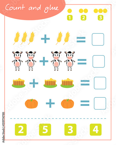 Count and glue game with cow. Education for children. Composition of numbers 1-6.