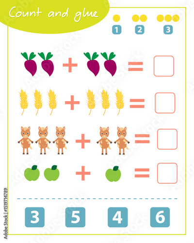 Count and glue game with horse. Education for children. Composition of numbers 1-6.