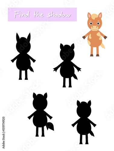 Find the shadow of the horse. Educational game for attention.