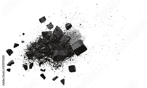 Black chalk dust explosion, flying pieces isolated on white, cutout vector illustration, white background, powder burst effect, drawing material, artistic texture, dynamic impact.