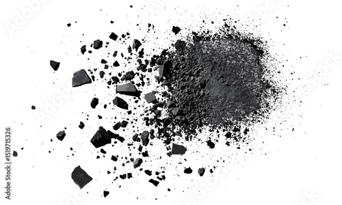 Flying black chalk dust burst, explosion effect, isolated vector illustration on white, drawing element, messy texture, powder particles, white cutout background, artistic concept.