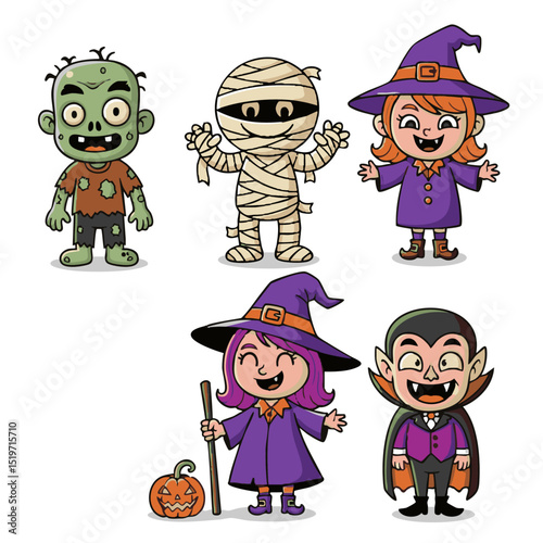 Cute Halloween Characters Vector – Bold Line Cartoon Set