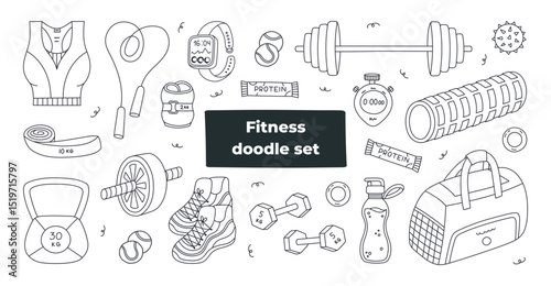 Big lovely outline workout and gym set with equipment for fitness, weightlifting, workout. Hand drawn doodle sport collection with sport bra, kettlebell, skipping rope, pilates band isolated on white.