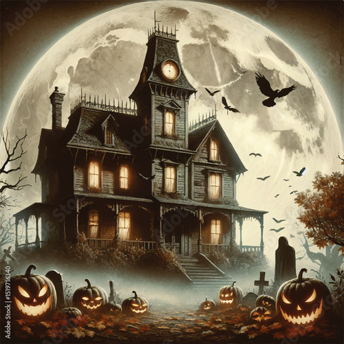 Sinister Halloween House with Flying Bats