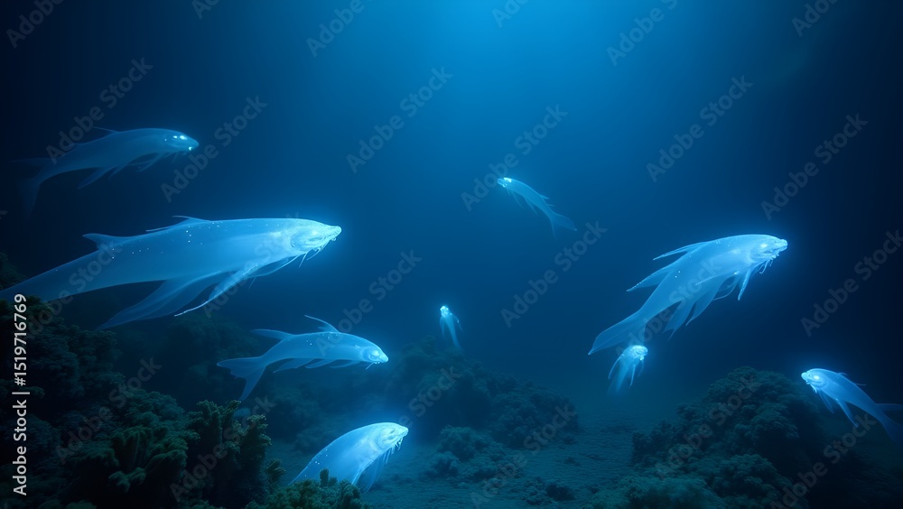 Obraz premium A glowing underwater scene with mysterious deep-sea creatures and soft blue light