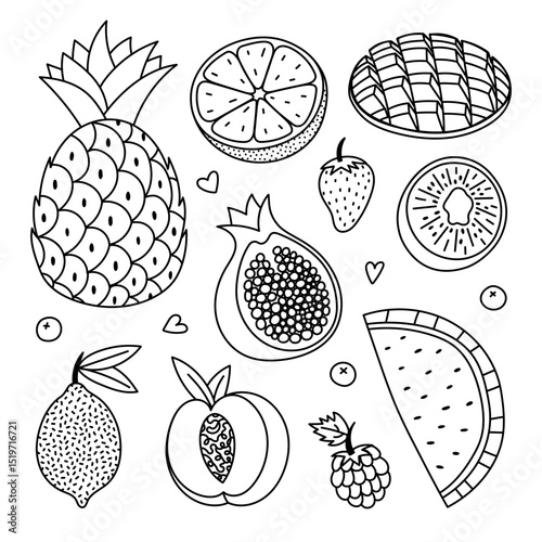 Lovely outline set with juicy healthful fruits and berries. Cute doodle of pineapple, mango, grapefruit, lime, kiwi, peach for branding packaging, menu, logo. Sweet food collection isolated on white.